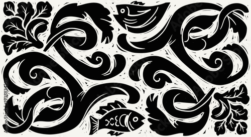 Stylized Fish and Swirling Foliage in Black and White Woodcut Style.