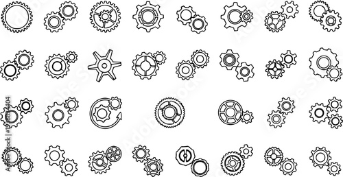 Black and White Line Art Icons of Gears, Cogs, and Mechanical Parts for Engineering and Technology