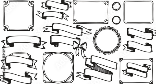 A charming collection of hand-sketched ribbons, decorative banners, and frames. These organic-style vector elements are perfect for scrapbooking, bullet journaling, and invitation design.