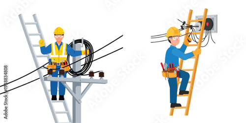 Electricians working on power lines and electrical panel