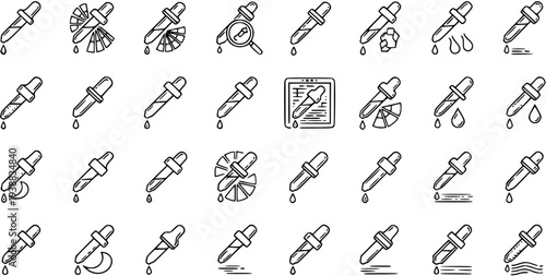Hand Drawn Black  White Line Art Dropper and Pipette Icons Set for Science, Chemistry, Beauty, and Pharmaceutical Liquids