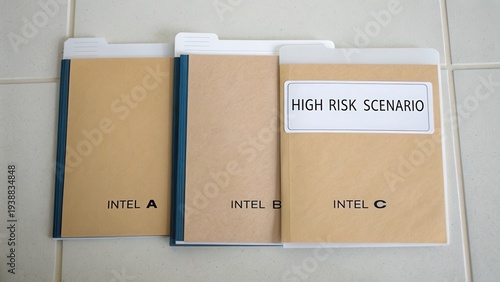 Three sealed brown paper file folders holding intel documents