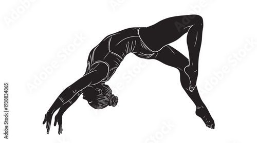 A black silhouette of a female gymnast performing a graceful backbend or bridge pose, showcasing flexibility and strength in a dynamic athletic posture.