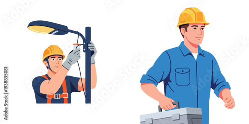 Electrician repairing streetlight with toolbox