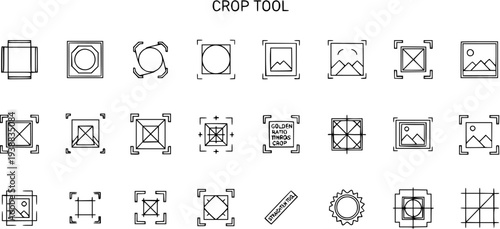 Photography  Graphic Design Crop Tool Icons Vector Set. Black  White Line Art Glyph Collection for Image Editing Software UI UX