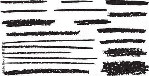 A collection of organic, hand-drawn black pencil and charcoal-style strokes and underlines. These gritty textured vector elements are ideal for adding a raw, authentic feel to sketches, design overlay