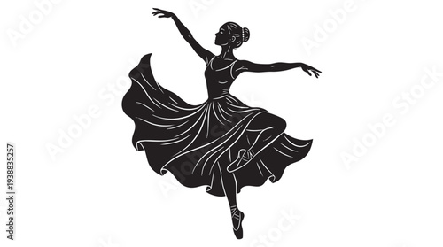 Elegant black silhouette of a ballerina dancing gracefully with flowing dress and raised arms on pointe.