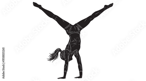 Silhouette of a female gymnast performing a handstand with legs spread in a dynamic V-shape, showcasing strength and balance.