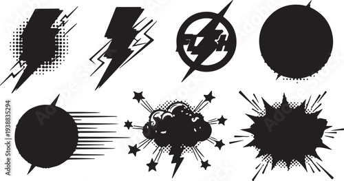 A high-contrast set of solid black comic book action effects featuring lightning bolts, impact bursts, speed lines, and explosion clouds with halftone details.