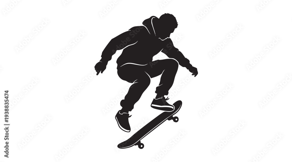 Fototapeta premium Dynamic black silhouette of a skateboarder performing an ollie trick in mid-air against a clean white background, showcasing action and movement.