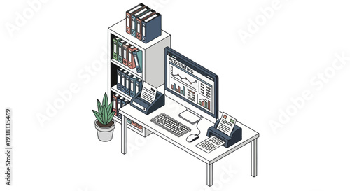 Modern Office Desk with Computer and Bookshelf.