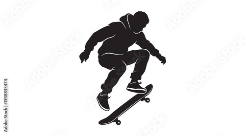 Dynamic black silhouette of a skateboarder performing an ollie trick in mid-air against a clean white background, showcasing action and movement.