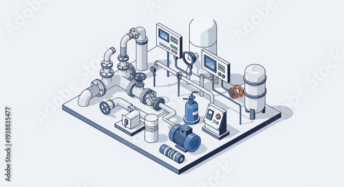 Isometric Industrial Plant with Pipes and Machinery.