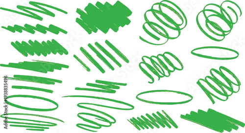 A vibrant collection of hand-drawn green highlighter strokes, abstract swirls, and marker scribbles. These versatile vector elements are designed to emulate the look of real-world office markers.