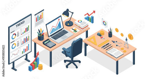 Modern Office Workspace with Computer and Stationery.