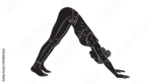 Black and white illustration of a person performing the Downward-Facing Dog yoga pose, showcasing flexibility and strength.