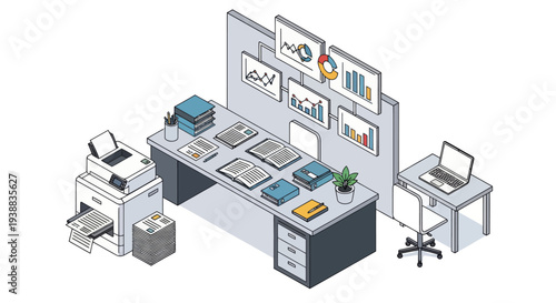Modern Office Workspace with Computers and Charts.