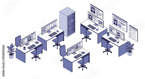 Modern Office Workspace with Computers and Desks.