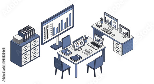 Modern Office Workspace with Computers and Furniture.