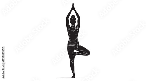 Black silhouette of a woman practicing yoga in Tree Pose (Vrksasana) with arms raised, symbolizing balance, mindfulness, and healthy lifestyle.