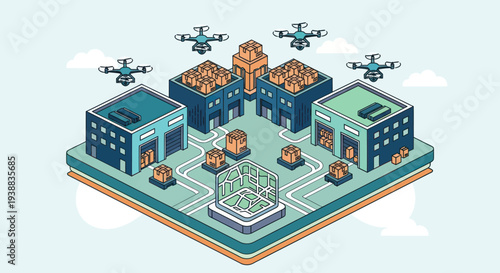 Isometric Smart City with Drones Delivering Packages and Data Center.