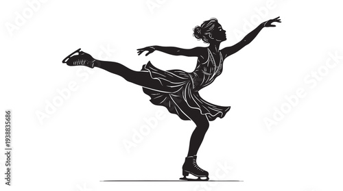 Elegant silhouette of a female ice skater performing a graceful pose on one leg with outstretched arms.