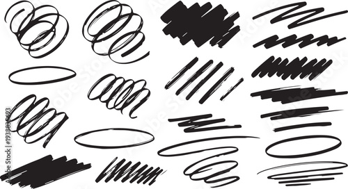 A professional set of black permanent marker scribbles, hand-drawn pen strokes, and ink swirls. This vector collection features bold highlights, underline elements, and abstract circular doodles.