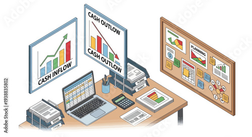 Office Desk with Financial Charts and Graphs.