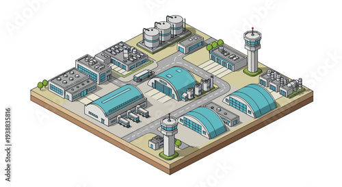 Isometric View of a Detailed Industrial or Airport Complex with Hangars and Control Towers.
