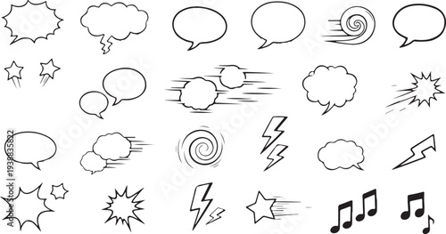 A comprehensive collection of hand-drawn comic book design elements featuring blank speech bubbles, thought clouds, explosion bursts, lightning bolts, and motion lines.