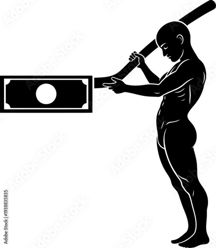 Financial leverage concept with man moving large banknote