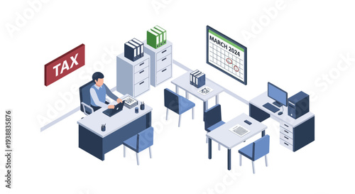 Office Worker Calculating Tax on Computer.