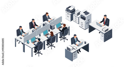 Office Workers at Workstations with Computers.