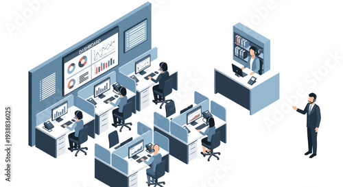 Office Workers at Workstations with Manager.