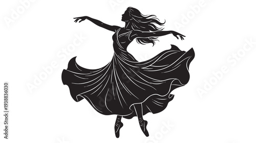 A graceful silhouette of a female dancer in a flowing dress, performing an elegant ballet or contemporary dance pose.