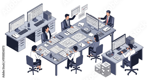 Office Workers Collaborating at Desks with Computers.