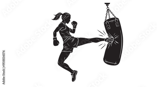 Silhouette of a female fighter delivering a powerful kick to a hanging punching bag during martial arts training.