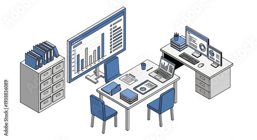 Office Workspace with Computer and Filing System.