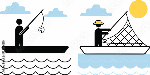 Illustration depicting two different methods of fishing from boats