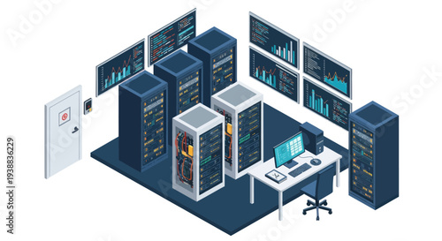 Server Room with Computer and Monitoring Screens.
