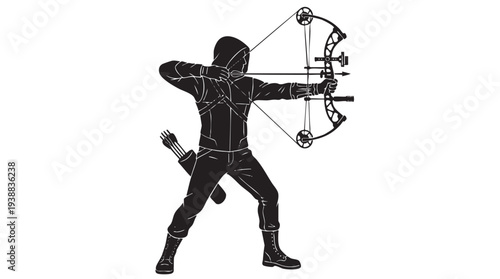 Black silhouette of an archer in a hooded suit aiming a compound bow with an arrow.