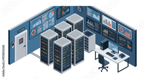 Server Room with Computer Equipment and Monitors.