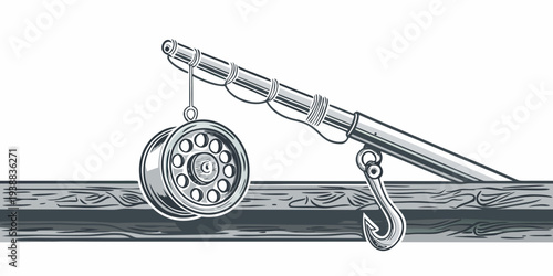Vintage style fishing rod with reel and hook over water surface
