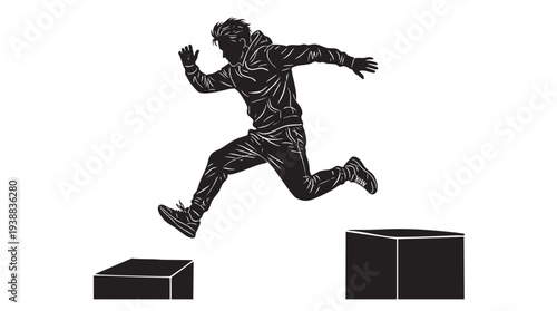 Dynamic silhouette illustration of a person leaping between two dark rectangular boxes, showcasing agility and movement.