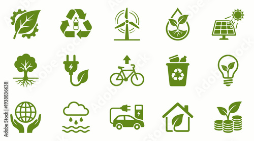 Eco friendly icons for sustainable living and green technology solutions