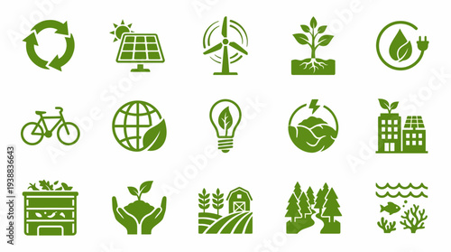 Eco friendly icons for sustainable living and green technology solutions