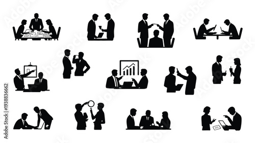 Collection of minimalist black silhouettes depicting businesspeople in various office settings and activities