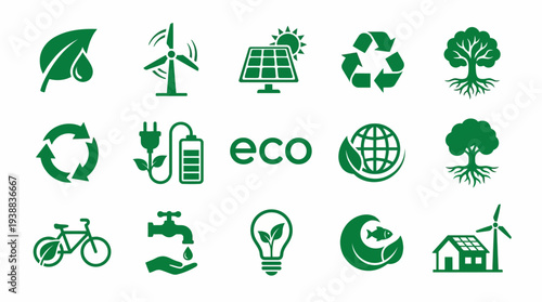 Eco friendly icons for sustainable living and green technology solutions