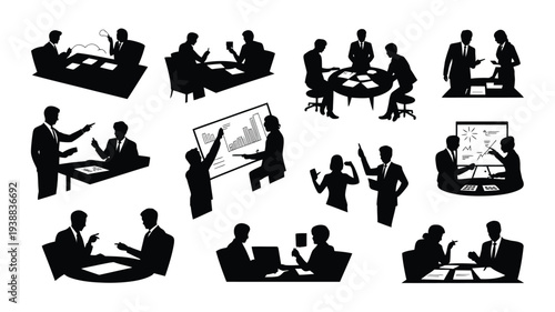 Collection of black vector silhouettes depicting business professionals in various meeting and office settings with presentations and laptops
