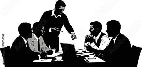 Informal business meeting around laptop with coffee discussion